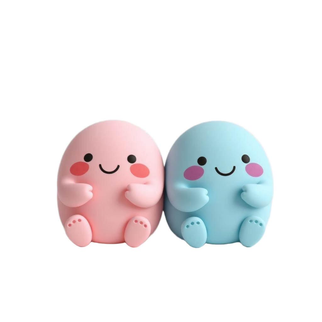 Two chubby clay blob characters, one pink and one blue, sitting together
