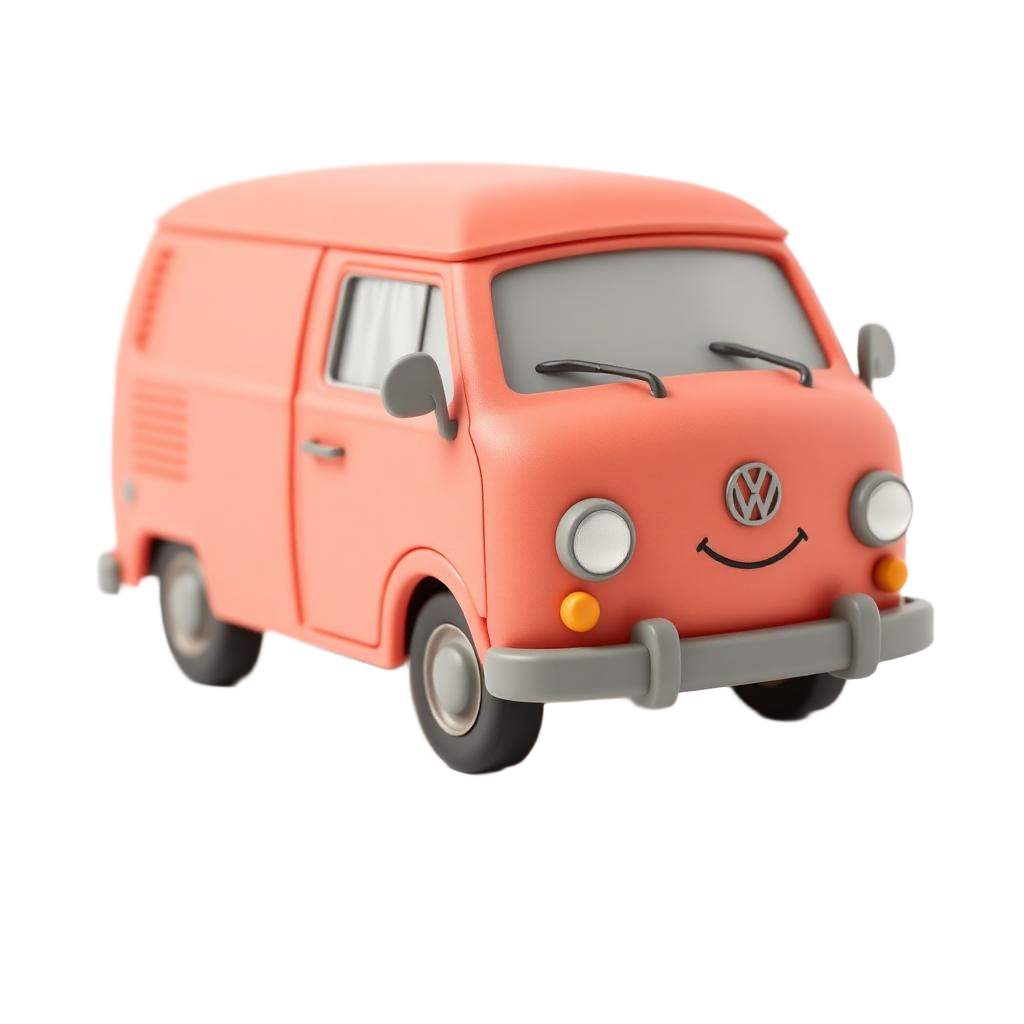 Coral pink clay toy van with a smiling face