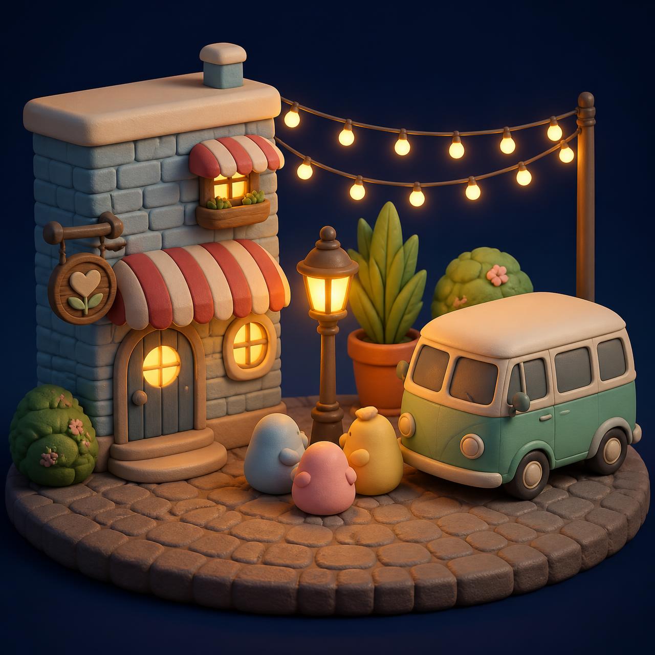 Tiny claymorphic village at dusk: a powder-blue brick shop with a red and white scalloped awning and a hanging heart-leaf sign on the left, a rounded mint-green kombi with a cream roof on the right, a warm street lamp with three chubby blob friends, rounded bushes and a tall potted plant