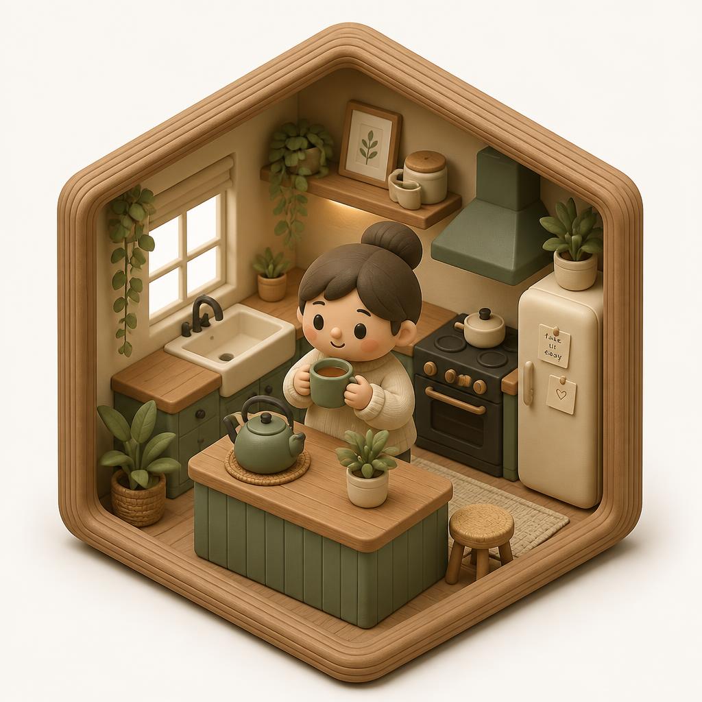 Carer mode: claymorphic character inside a wooden hexagon frame