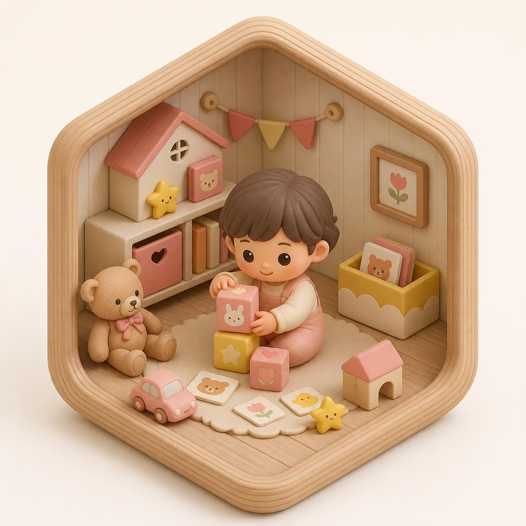 Children mode: claymorphic character inside a wooden hexagon frame