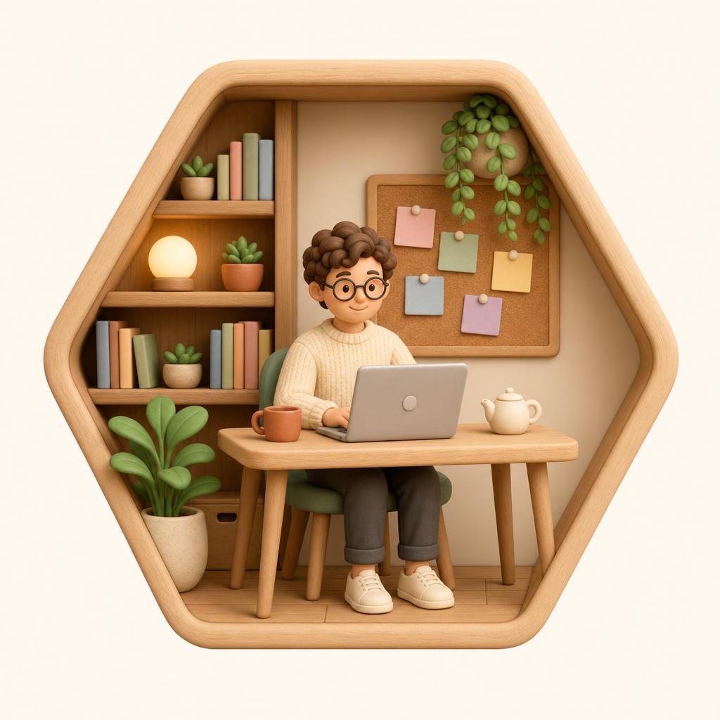 Professional mode: claymorphic character inside a wooden hexagon frame